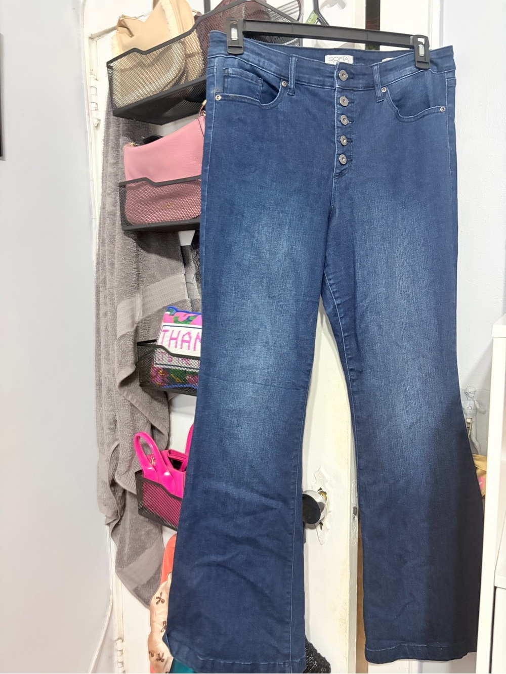 Sofia Vergara Dark Blue High-Rise Button-Fly Flare Jeans